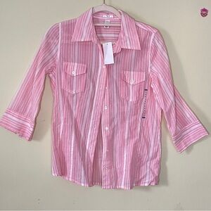 Old Navy Pink Striped Button-Up Down Shirt 100% Cotton 3/4 Length Sleeves